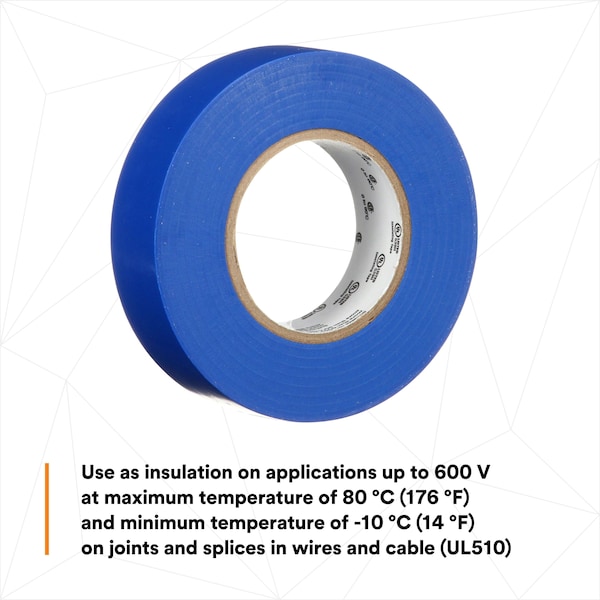 3M Vinyl Electrical Tape, 165, Temflex, 3/4 in W x 60 ft L, 6 mil thick, Blue, 1 Pack - 165BL4A