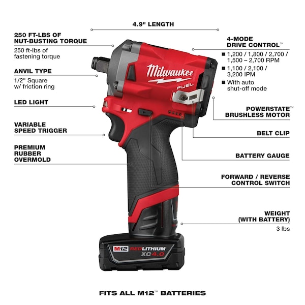 Milwaukee Tool M12 FUEL(TM) 12.0 1/2" Cordless Impact Wrench Kit, Case - 2555-22, 48-11-2411