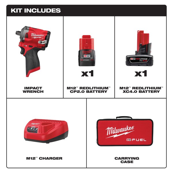 Milwaukee Tool M12 FUEL(TM) 12.0 1/2" Cordless Impact Wrench Kit, Case - 2555-22, 48-11-2411