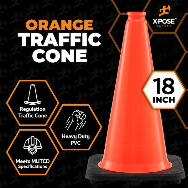 Xpose Safety Traffic Cone, PVC, 18" Height, Orange - OTC18-24-X