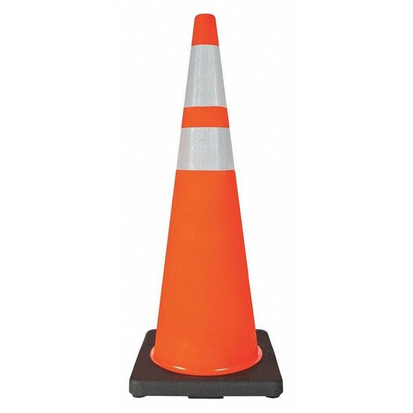 Zoro Select Traffic Cone, Standard Shape, PVC, 36 in H, Orange, 2 Reflective Stripes, Black Base - 6FHC4