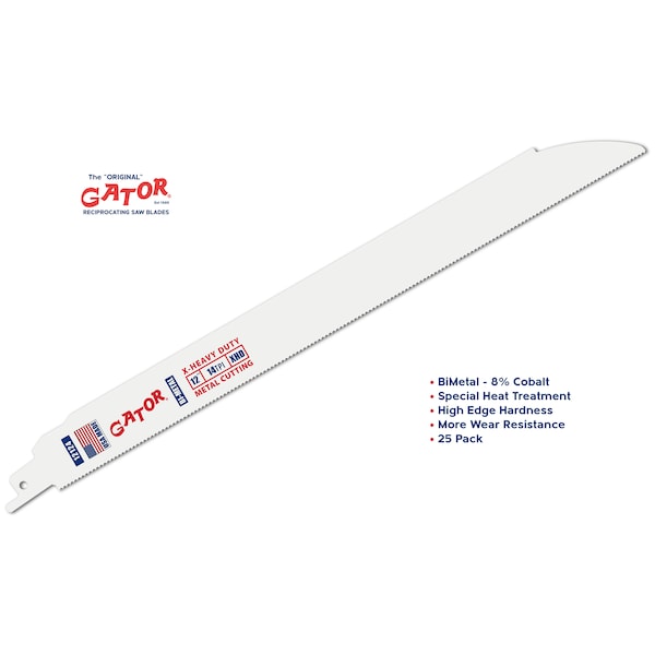 Gator Reciprocating Saw Blade 12 in. x 1 in. x 14tpi #12124-25, X-Heavy Duty Metal Cutting, 25PK - 12124-25