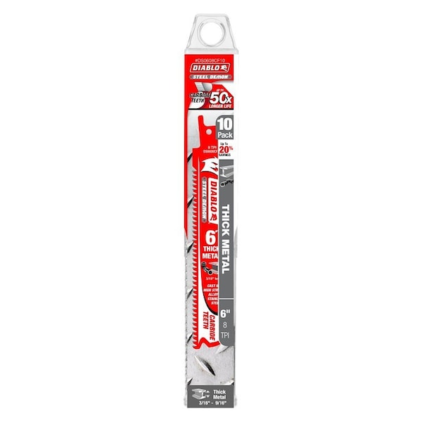 Diablo Steel Demon Reciprocating Saw Blade, 1 in W, 6 in L, 8 TPI, Carbide Cutting Edge - DS0608CF10