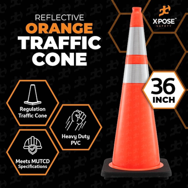 Xpose Safety Traffic Cone, PVC, 36" Height, Orange - OTC36-64-12-X