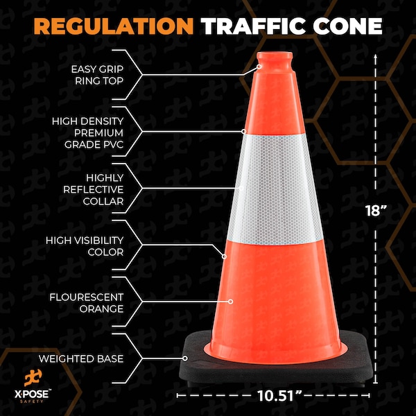 Xpose Safety Traffic Cone, PVC, 18" Height, Orange - OTC18-6-4-X-S