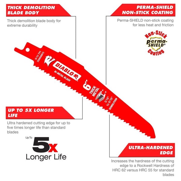 Diablo 6 in. Bi-Metal Reciprocating Saw Blade 8/10 TPI 5 pc - DS0608BFD5