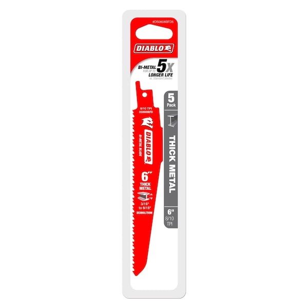 Diablo 6 in. Bi-Metal Reciprocating Saw Blade 8/10 TPI 5 pc - DS0608BFD5