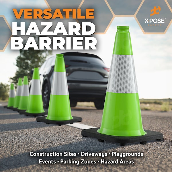 Xpose Safety Traffic Safety Cone, PVC, 18 in Height, 11 in Length, Lime Green - LTC18-6-HP450-X