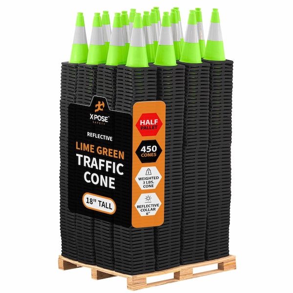 Xpose Safety Traffic Safety Cone, PVC, 18 in Height, 11 in Length, Lime Green - LTC18-6-HP450-X