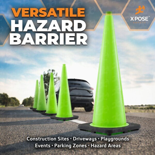 Xpose Safety Traffic Safety Cone, PVC, 36 in Height, 15 in Length, Lime Green - LTC36-4-X-S