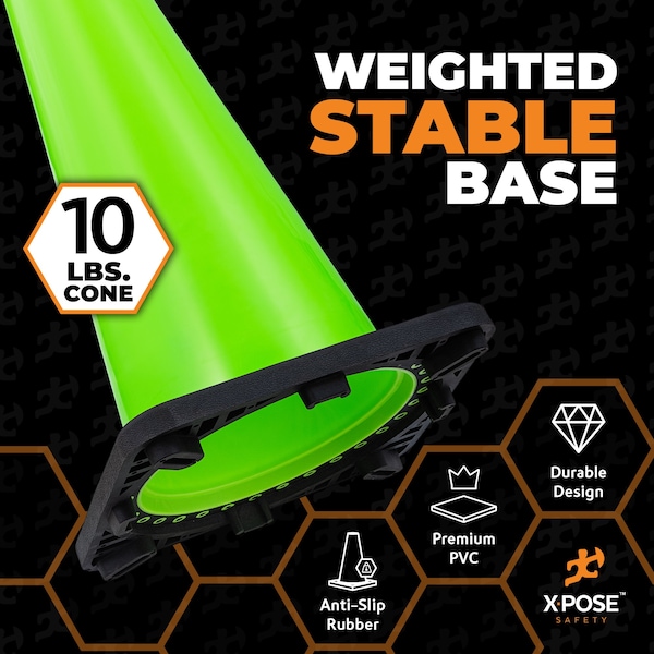 Xpose Safety Traffic Safety Cone, PVC, 36 in Height, 15 in Length, Lime Green - LTC36-4-X-S