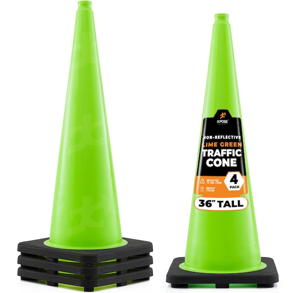Xpose Safety Traffic Safety Cone, PVC, 36 in Height, 15 in Length, Lime Green - LTC36-4-X-S