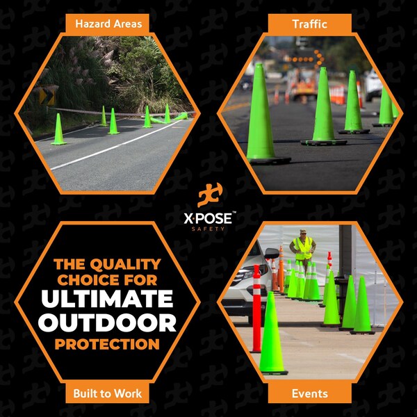 Xpose Safety Traffic Safety Cone, PVC, 36 in Height, 15 in Length, Lime Green - LTC36-4-X-S