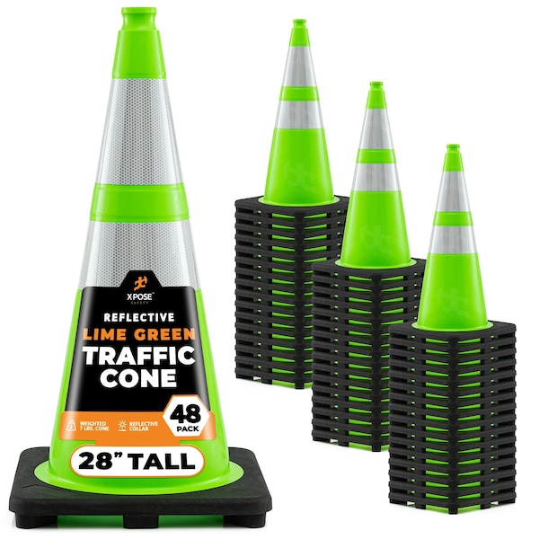 Xpose Safety Traffic Safety Cone, PVC, 28 in Height, 14 in Length, Lime Green - LTC28-64-48-X