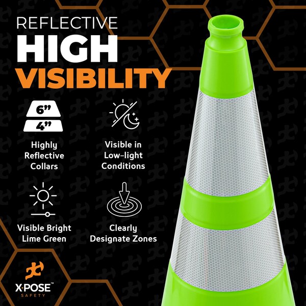 Xpose Safety Traffic Safety Cone, PVC, 28 in Height, 14 in Length, Lime Green - LTC28-64-48-X