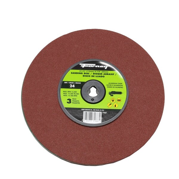 Forney Resin Fibre Sanding Disc, Aluminum Oxide, 4-1/2 in x 7/8 in Arbor, 24 Grit - 71667