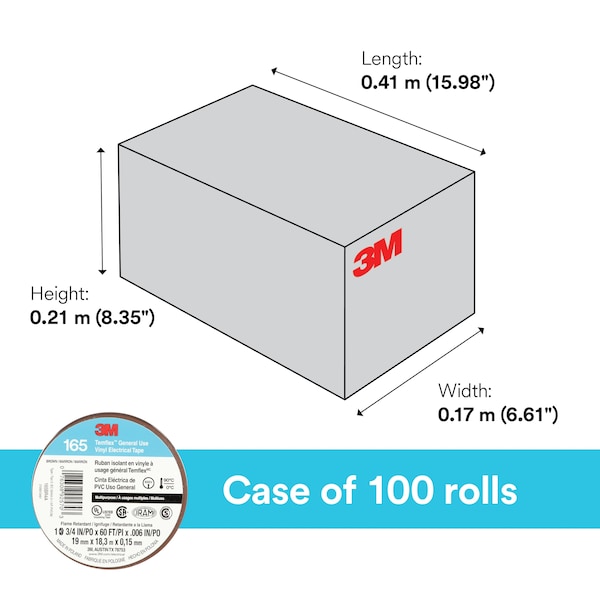 3M Vinyl Electrical Tape, 165 Temflex, 3/4 in W x 60 ft L, 6 mil Thick, Brown, 1 Pk - 165BR4A