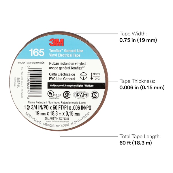 3M Vinyl Electrical Tape, 165 Temflex, 3/4 in W x 60 ft L, 6 mil Thick, Brown, 1 Pk - 165BR4A
