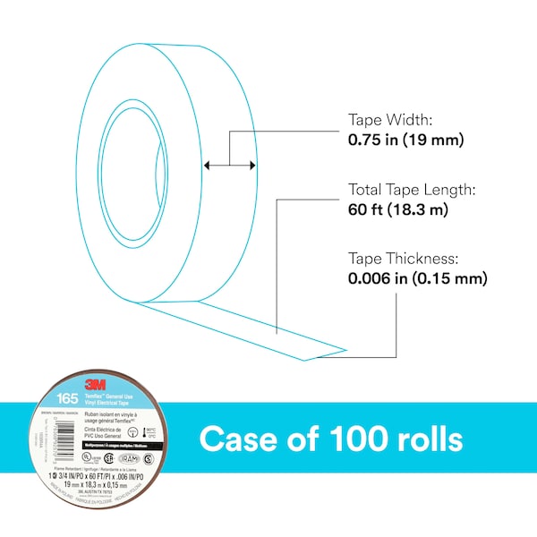 3M Vinyl Electrical Tape, 165 Temflex, 3/4 in W x 60 ft L, 6 mil Thick, Brown, 1 Pk - 165BR4A