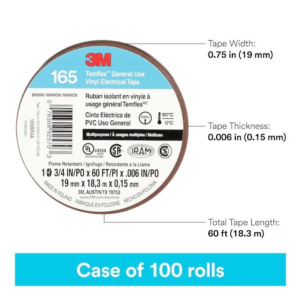 3M Vinyl Electrical Tape, 165 Temflex, 3/4 in W x 60 ft L, 6 mil Thick, Brown, 1 Pk - 165BR4A
