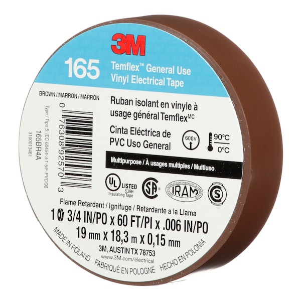 3M Vinyl Electrical Tape, 165 Temflex, 3/4 in W x 60 ft L, 6 mil Thick, Brown, 1 Pk - 165BR4A