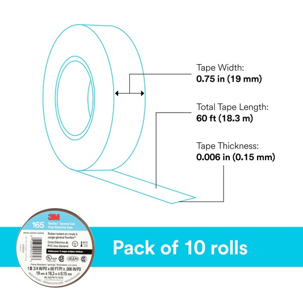 3M Vinyl Electrical Tape, 165 Temflex, 3/4 in W x 60 ft L, 6 mil Thick, Brown, 1 Pk - 165BR4A