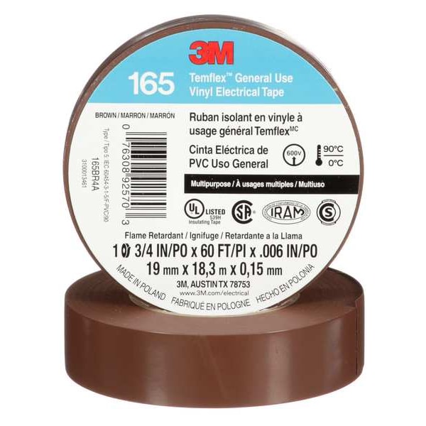 3M Vinyl Electrical Tape, 165 Temflex, 3/4 in W x 60 ft L, 6 mil Thick, Brown, 1 Pk - 165BR4A