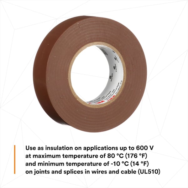 3M Vinyl Electrical Tape, 165 Temflex, 3/4 in W x 60 ft L, 6 mil Thick, Brown, 1 Pk - 165BR4A