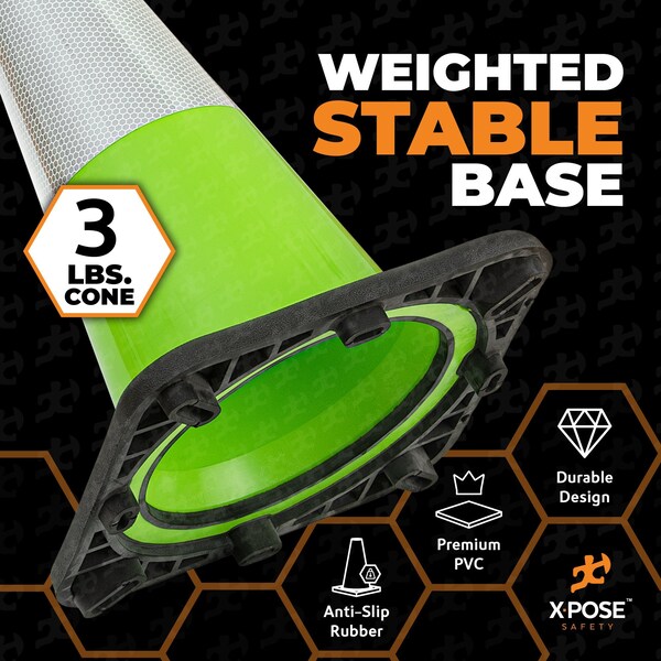 Xpose Safety Traffic Safety Cone, PVC, 18 in Height, 11 in Length, Lime Green - LTC18-6-48-X