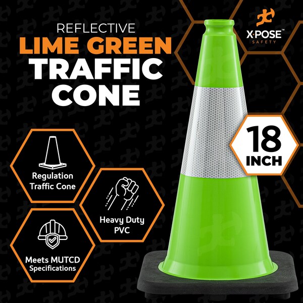 Xpose Safety Traffic Safety Cone, PVC, 18 in Height, 11 in Length, Lime Green - LTC18-6-48-X