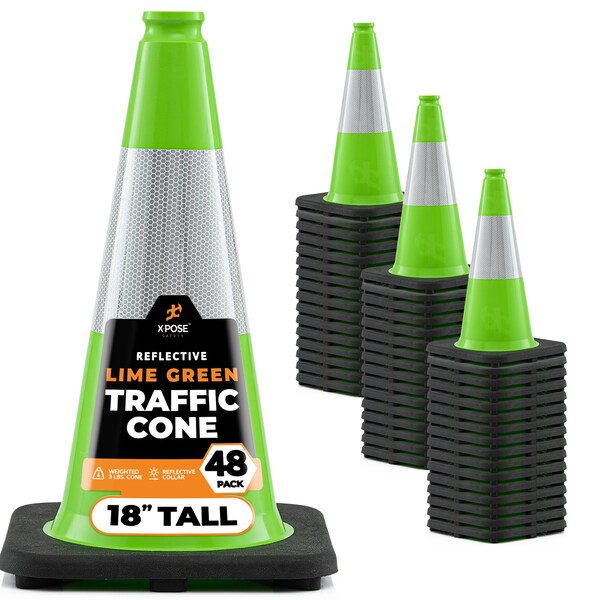 Xpose Safety Traffic Safety Cone, PVC, 18 in Height, 11 in Length, Lime Green - LTC18-6-48-X