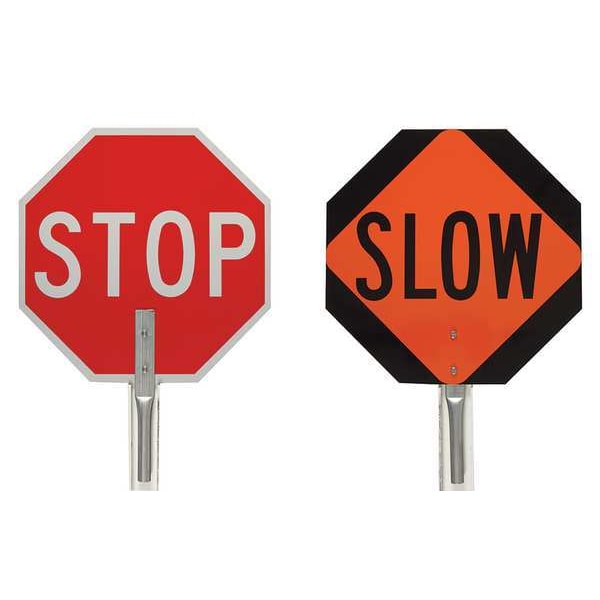 Brady Traffic Control Paddle, Black/Orange, Red/White, Aluminum, 5 ft Handle - 57754