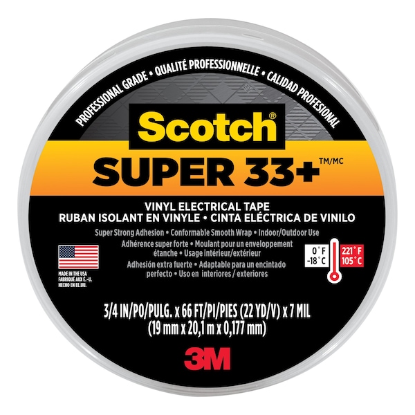 Scotch Super 33+ Vinyl Electrical Tape, 6132-BA-10, 3/4 x 66' x 0.00719 mm x 20, 1 m x 0.177 mm, 10PK - 6132-BA-10