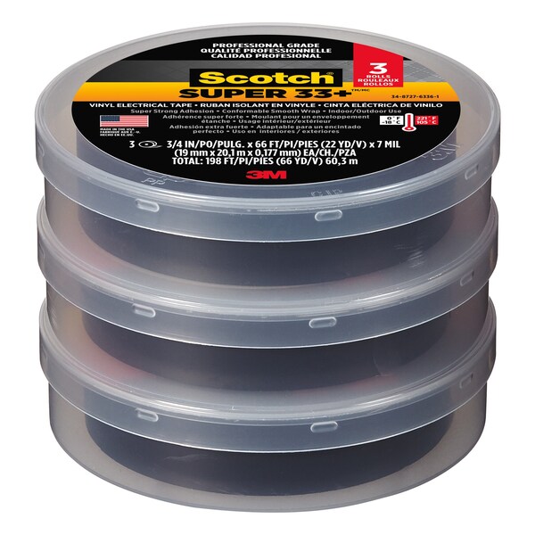 Scotch Super 33+ Vinyl Electrical Tape, 6132-BA-10, 3/4 x 66' x 0.00719 mm x 20, 1 m x 0.177 mm, 10PK - 6132-BA-10