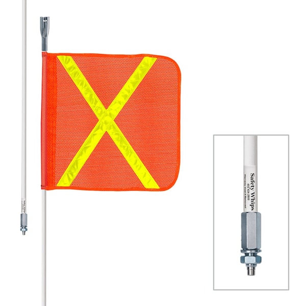 Safetywhips Warning Whip Heavy Duty Whip with Flag, White Whip, Orange Flag, Yellow Reflective X, 96 Length - W08-X