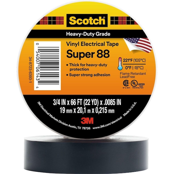 3M Electrical Tape, Super 88 Premium Vinyl Electrical Tape, 2"X36Yd - 54007-10356