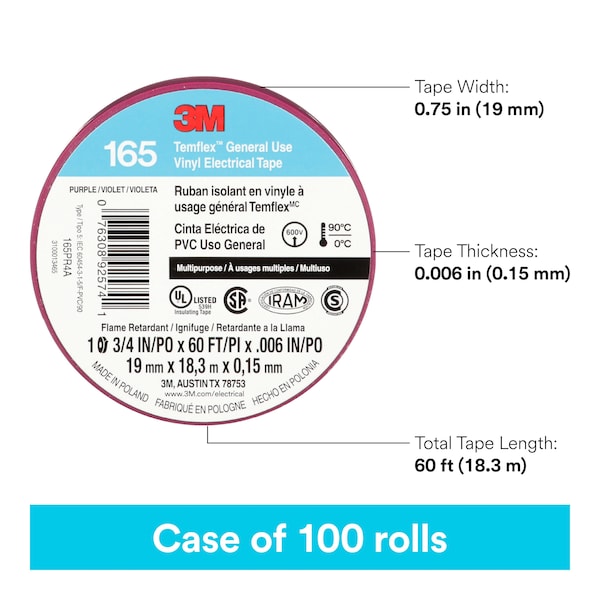 3M Elec Tape, 60 ft Lx3/4 in W, 6 mil, Purple - 165PR4A