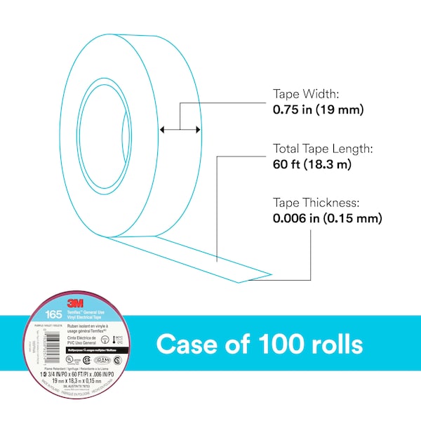 3M Elec Tape, 60 ft Lx3/4 in W, 6 mil, Purple - 165PR4A