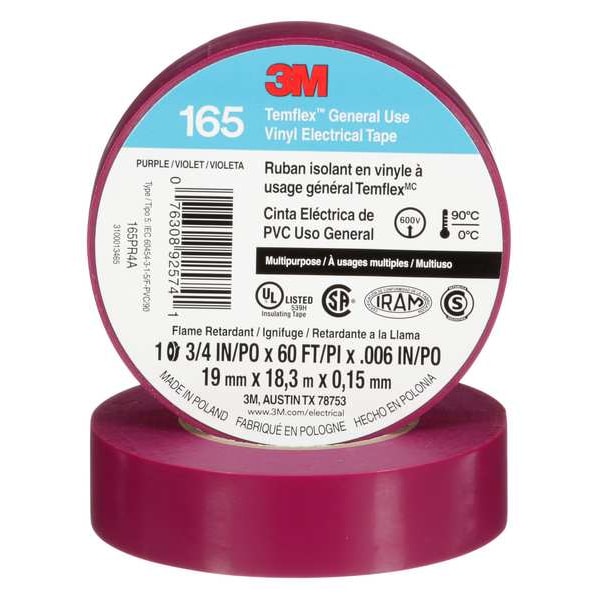 3M Elec Tape, 60 ft Lx3/4 in W, 6 mil, Purple - 165PR4A