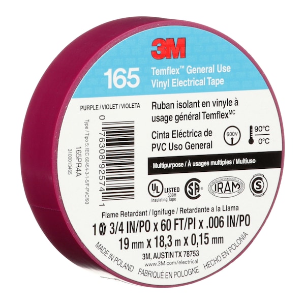 3M Elec Tape, 60 ft Lx3/4 in W, 6 mil, Purple - 165PR4A