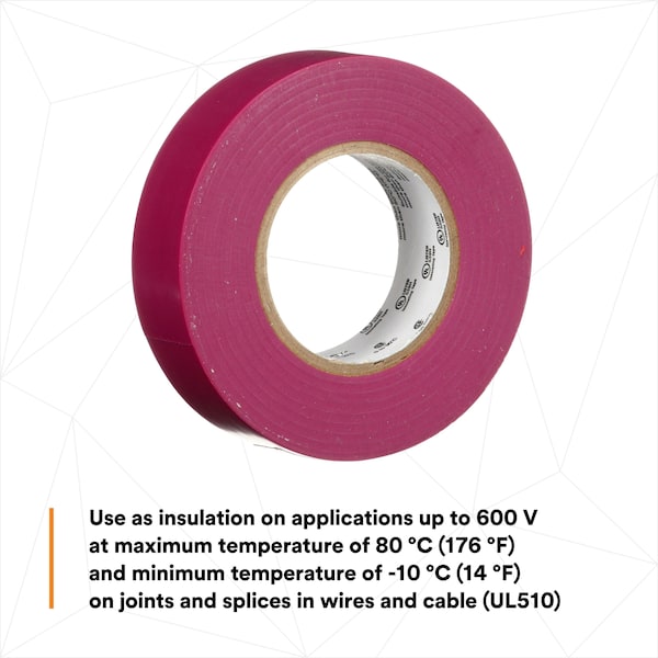 3M Elec Tape, 60 ft Lx3/4 in W, 6 mil, Purple - 165PR4A