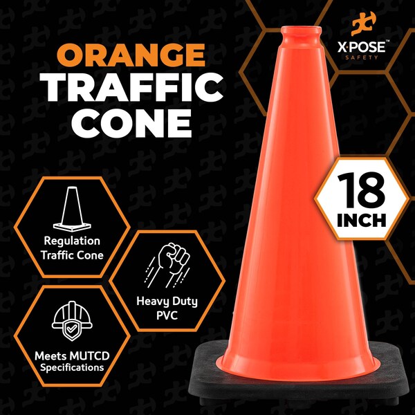 Xpose Safety Traffic Safety Cone, PVC, 18 in Height, 11 in Length, Orange - OTC18-FP928-X