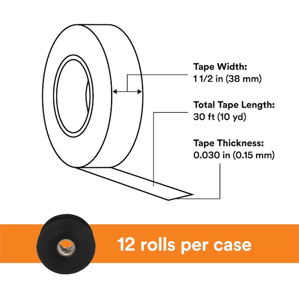 3M Electrical Tape, 30 mil, 1-1/2"x 30 ft., PK12 - 130C-1-1/2X30FT