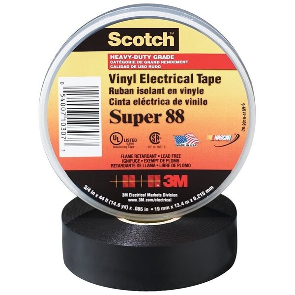 Scotch Electrical Tape, 66 ft L, 3/4 in W, PVC Backing, Black - 88