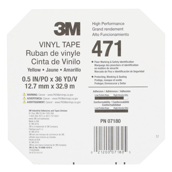 3M Vinyl Tape 471, Yellow, 1/2"x36, PK72 - 471