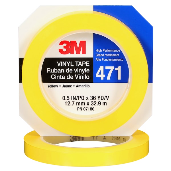3M Vinyl Tape 471, Yellow, 1/2"x36, PK72 - 471