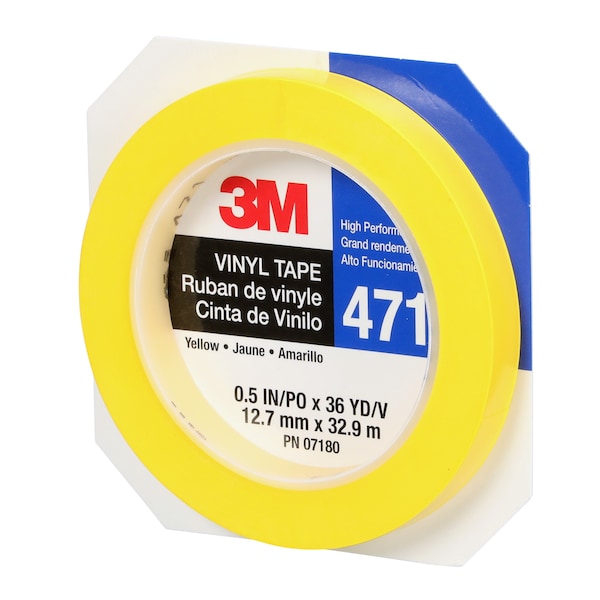 3M Vinyl Tape 471, Yellow, 1/2"x36, PK72 - 471