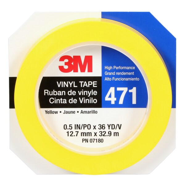3M Vinyl Tape 471, Yellow, 1/2"x36, PK72 - 471