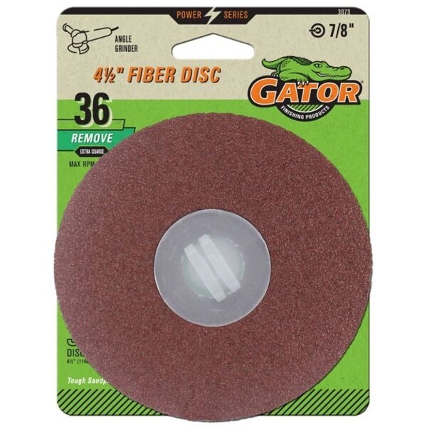 Gator Fiber Disc, 4-1/2 in Dia, 36 Grit, Extra Coarse, Aluminum Oxide Abrasive, Fiber Backing - 3073