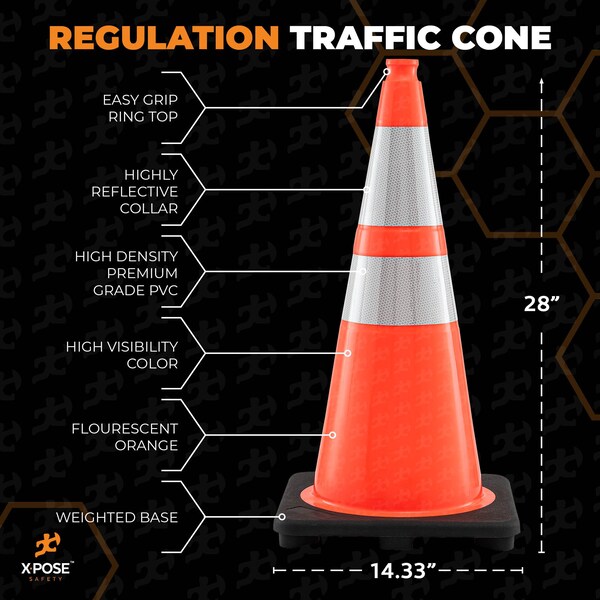 Xpose Safety Traffic Safety Cone, PVC, 28 in Height, 14 in Length, Orange - OTC28-64-48-X
